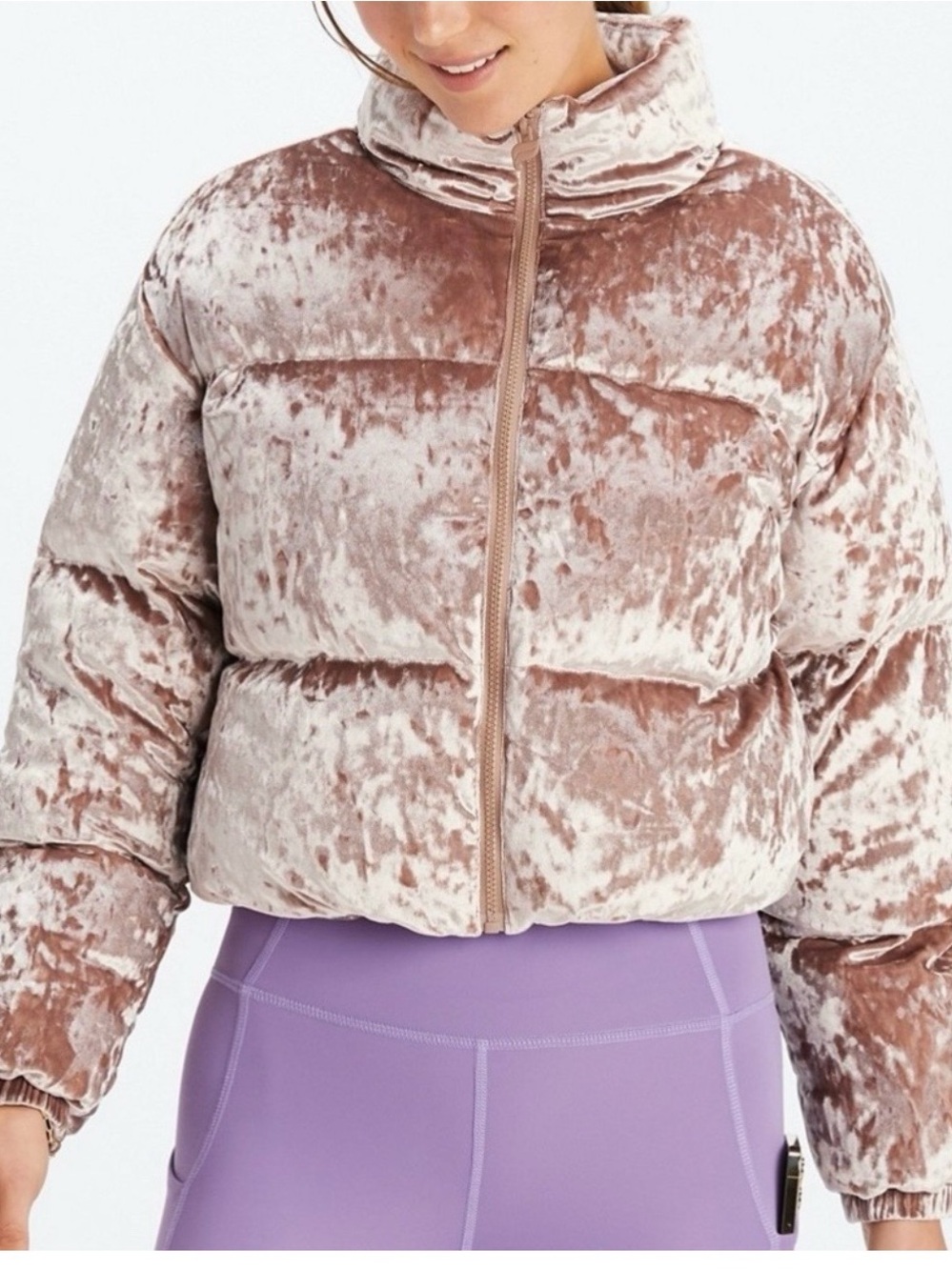Fabletics Wander Crushed Rose Gold Velour Cropped Puffer Jacket